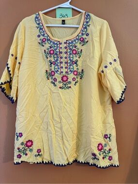 Yellow Embroidered Women's Tunic Top with Floral Detail